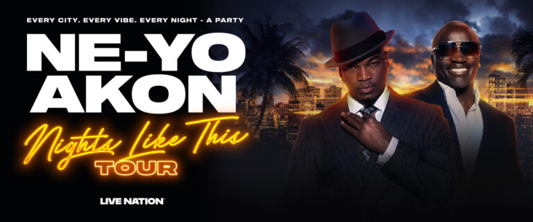 Promotional two-artist tour poster with two men in suits before a city skyline at dusk; neon 'Nights Like This Tour' text.