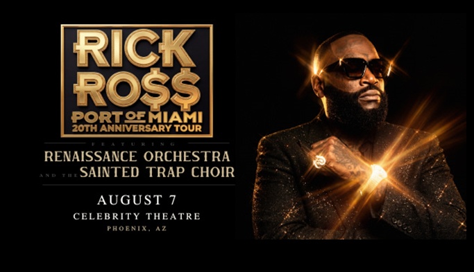 Rick Ross Port of Miami 20th Anniversary Tour poster with Renaissance Orchestra and Sainted Trap Choir details; August 7 at Celebrity Theatre, Phoenix, AZ (Event promo). Notable right: Rick Ross in sunglasses with gold spark effects.