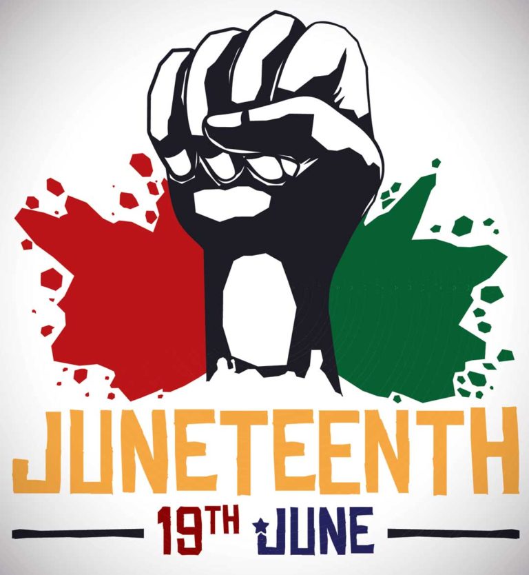 Raised clenched fist with red and green paint splashes behind, promoting Juneteenth on June 19th.