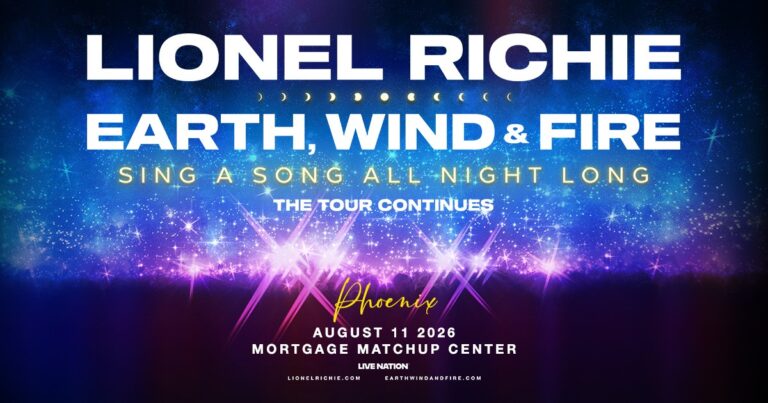 Concert poster: Lionel Richie and Earth, Wind & Fire tour date August 11, 2026, at Phoenix Mortgage Matchup Center with bright blue-pink stadium lights background