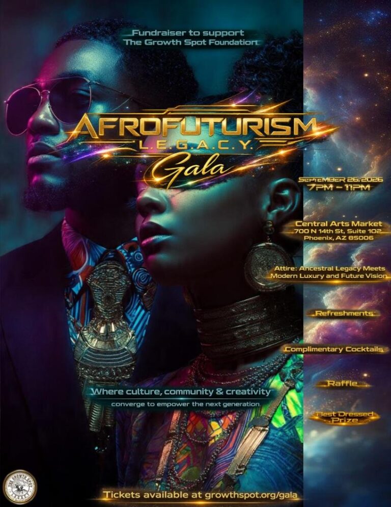 Promotional poster for AfroFuturism Gala, a fundraiser for The Growth Spot Foundation, featuring bold gold title 'AFROFUTURISM LEGACY Gala' with futuristic imagery, event details, and the tagline 'Where culture, community & creativity' with ticket link at growthspot.org/gala.