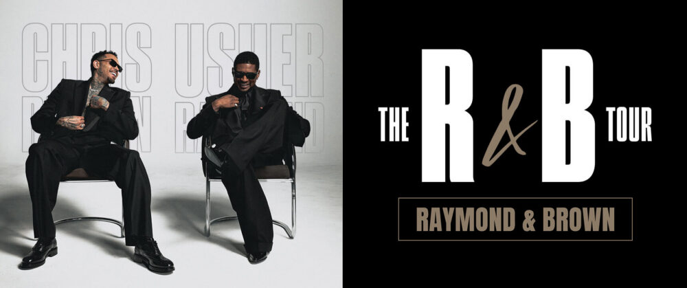 Two men in black suits posing and smiling on a white studio backdrop; right half shows the R&B Tour logo with 'Raymond & Brown' text.