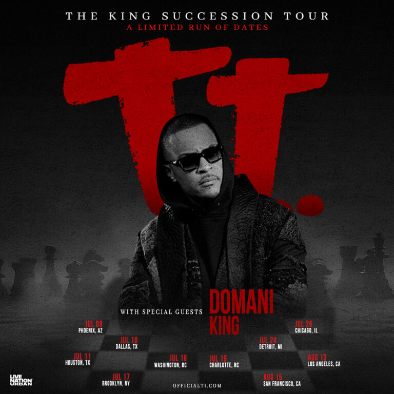 Promotional tour poster: a man in a hoodie and sunglasses stands in a dark background with a large red logo behind him, plus tour dates along the bottom and 'DOMANI KING' text.