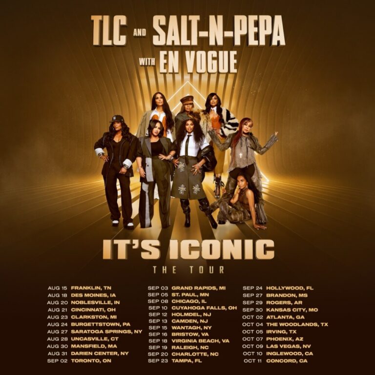 Tour poster for TLC, Salt-N-Pepa and En Vogue, featuring the three groups posing against a gold radial backdrop for the It's Iconic tour.