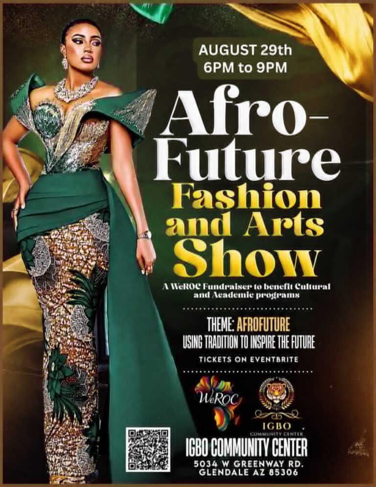 Poster for Afro-Future Fashion and Arts Show on Aug 29, 6–9 PM; model in green/gold gown featured; IGBO Community Center, Glendale AZ details included.