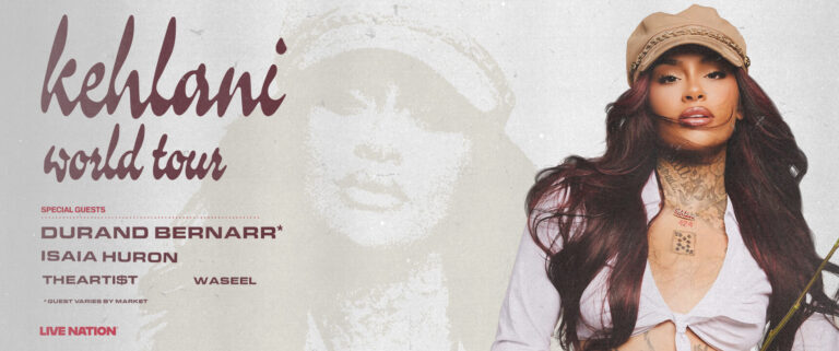 Poster advertising a music tour titled 'kehlani world tour' featuring a woman on the right and guest names on the left side.