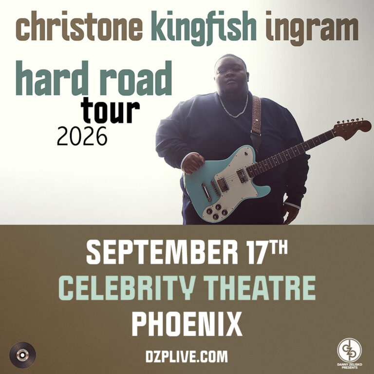 Promotional poster for Christone Kingfish Ingram's Hard Road Tour 2026, showing a guitarist with a turquoise guitar; date September 17 at Celebrity Theatre, Phoenix.