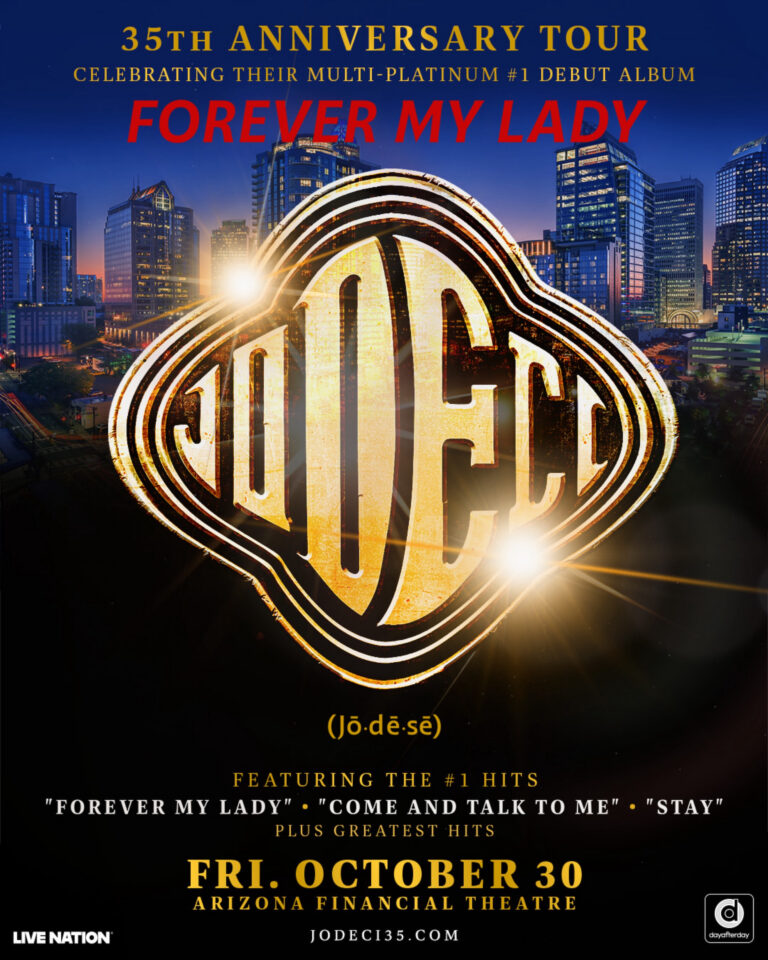 Event poster for Jodeci's Forever My Lady tour, featuring a gold logo, city skyline, and a concert date of Friday, Oct 30 at Arizona Financial Theatre (35th anniversary).