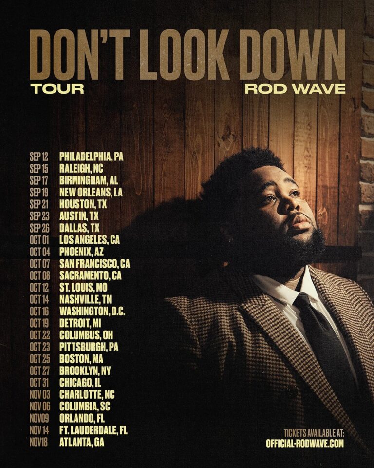 Rod Wave 'Don't Look Down' tour poster with city dates on the left and a man in a brown checkered suit on the right.