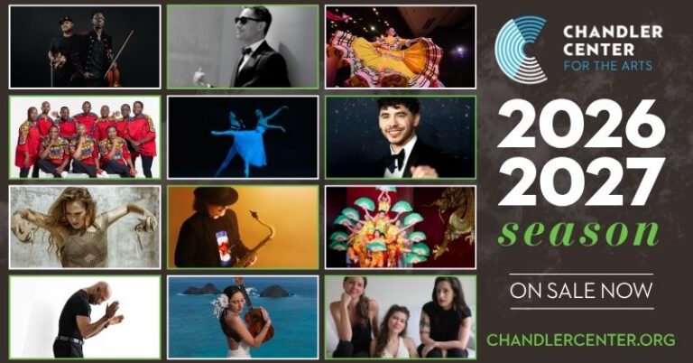 Collage of performers—musicians, dancers, and actors—promoting the Chandler Center for the Arts 2026–2027 season.