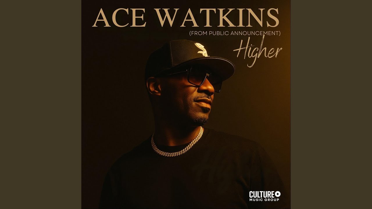 Album cover for Ace Watkins' Higher: man wearing a cap and sunglasses against a dark backdrop, with the artist name and the word 'Higher' visible; Culture Music Group logo bottom right.
