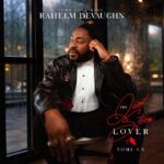 Album cover for Raheem DeVaughn's The Love King: man in a black leather coat and white tux shirt sits by a window, red rose boutonniere, red cursive title on the right.