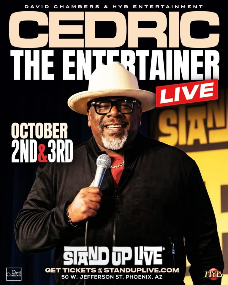 Promotional poster for Cedric the Entertainer live stand-up show with mic and hat, October 2–3 dates and venue info nearby.