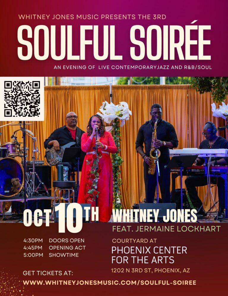 Poster advertising 'Soulful Soirée' concert featuring Whitney Jones and Jermaine Lockhart at Phoenix Center for the Arts, Oct 10, doors open 4:30 PM; QR code visible on left.