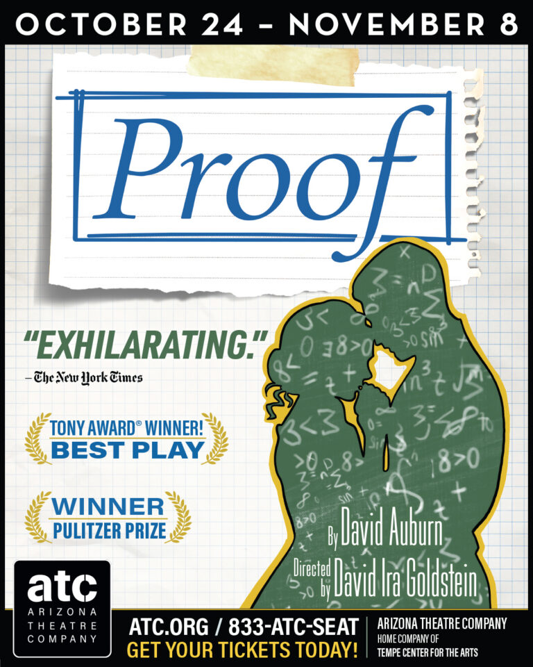 Promotional poster for the play Proof by David Auburn, showing the title, a couple silhouette, quotes, and dates Oct 24–Nov 8.