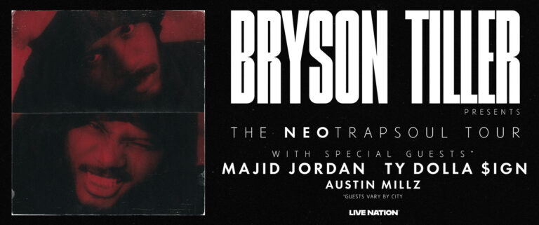 Bryson Tiller concert poster with bold white text and red-tinted artist photo on the left, promoting The Neo Trap Soul Tour and guests.