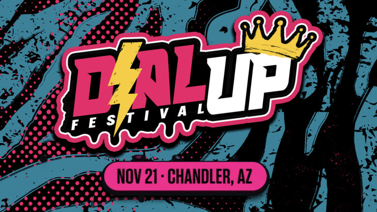 Vibrant festival poster with bold stylized lettering, a yellow crown atop the logo, and a pink date/location ribbon reading 'Nov 21 · Chandler, AZ' against a teal and black abstract background.