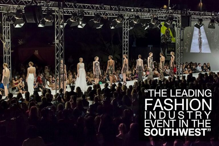 Models walk the runway under bright stage lights at a fashion show, with a seated audience; large text overlay reads 'The leading fashion industry event in the Southwest'.