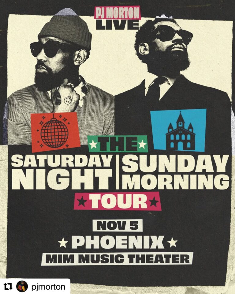 Vintage poster for PJ Morton Live: The Saturday Night/Sunday Morning Tour, Nov 5 at Phoenix's MIM Music Theater, featuring two men in sunglasses and bold graphics.