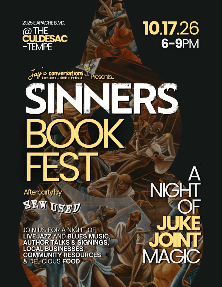 Poster for Sinners Book Fest event with date 10.17.26, 6–9 PM, featuring bold white and yellow title text on a dark background and a painted drop motif.